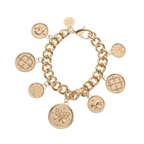 Gold chunky bracelet with strong, lucky, love, and forever coin charms