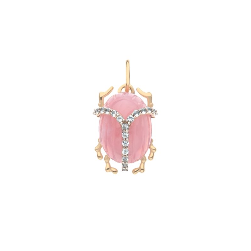 Pink jade carved scarab pendant with aquamarine accents and gold legs and bail