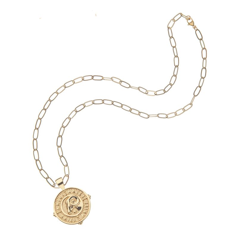 Gold small Aries coin pendant on drawn link chain