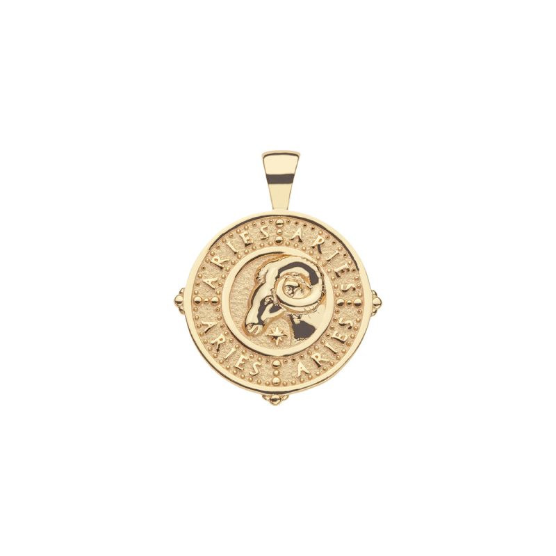 Gold small Aries coin pendant featuring a ram in the center with the word "Aries" repeated around the border