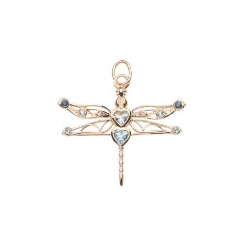 Gold dragonfly pendant featuring aquamarine and blue topaz accents