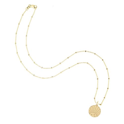 Gold engravable rising sun coin on 14 karat beaded satellite chain