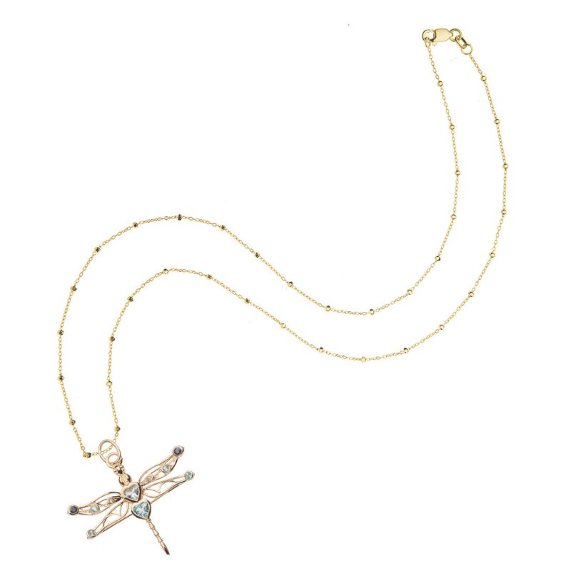 Gold dragonfly pendant on 14 karat satellite chain