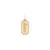 Front of gold engravable love tag pendant features the word " love" in a script font