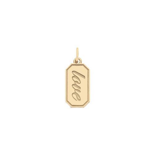 Front of gold engravable love tag pendant features the word 