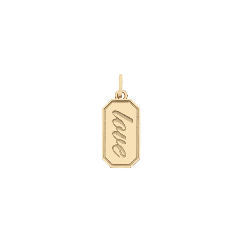 Front of gold engravable love tag pendant features the word " love" in a script font