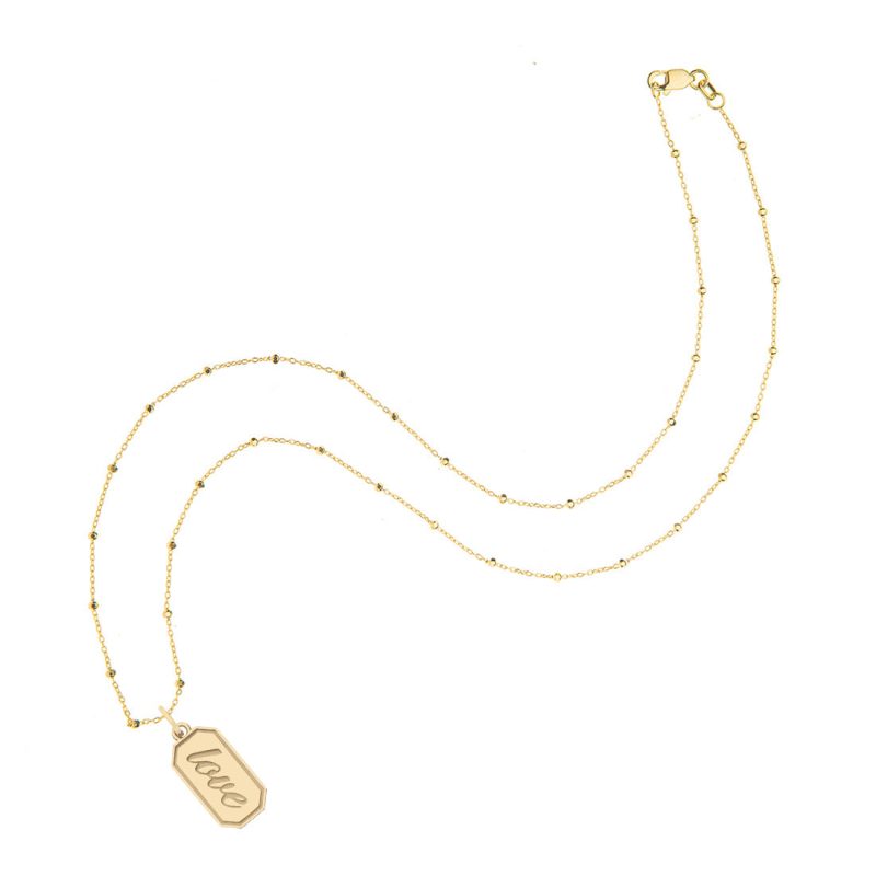 Gold engravable love tag on 18 karat beaded satellite chain