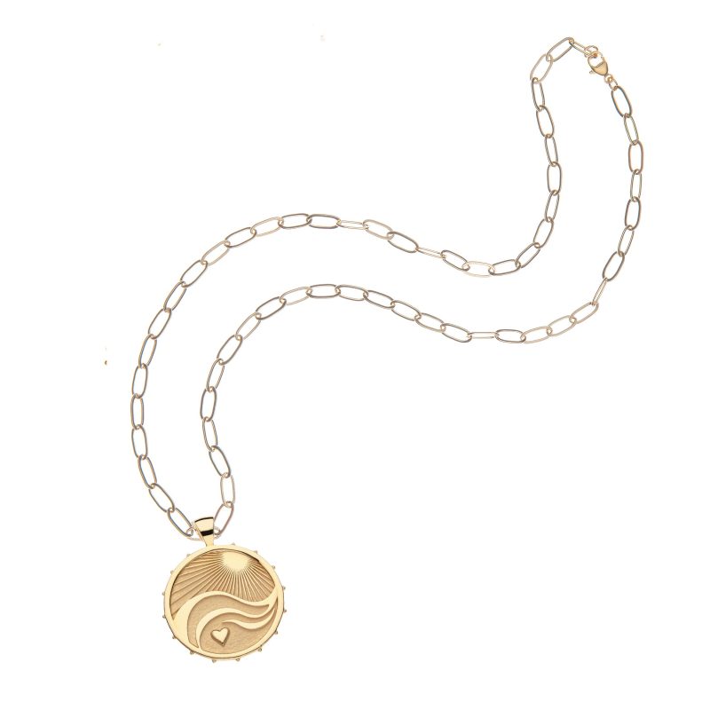 Gold love, courage, and strength coin on drawn link chain