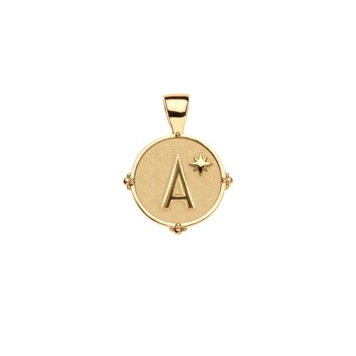 Gold letter A coin pendant with start detail