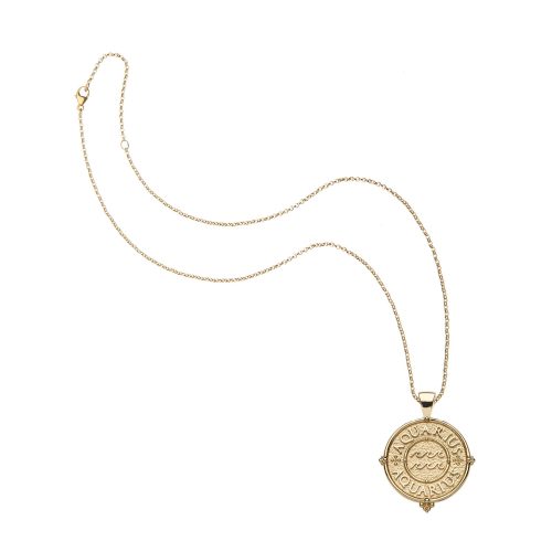 Gold small Aquarius pendant on classic rolo chain