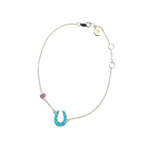 Gold delicate chain bracelet with horseshoe with turquoise stones and pink tourmaline accent on chain