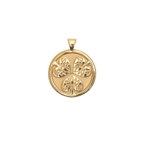 Gold Small Coin Pendant Featuring 3 hollyhock leaves