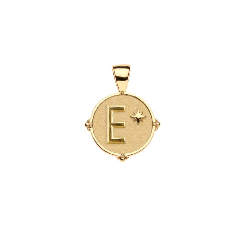 Gold letter E coin pendant with star detail