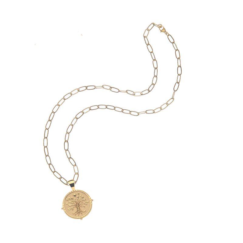 Gold Small Faith Coin Pendant on drawn link chain