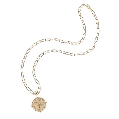 Gold Faith coin pendant on drawn link chain