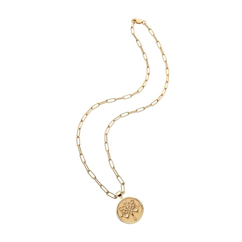 Gold Small Forever Coin Pendant on drawn link chain