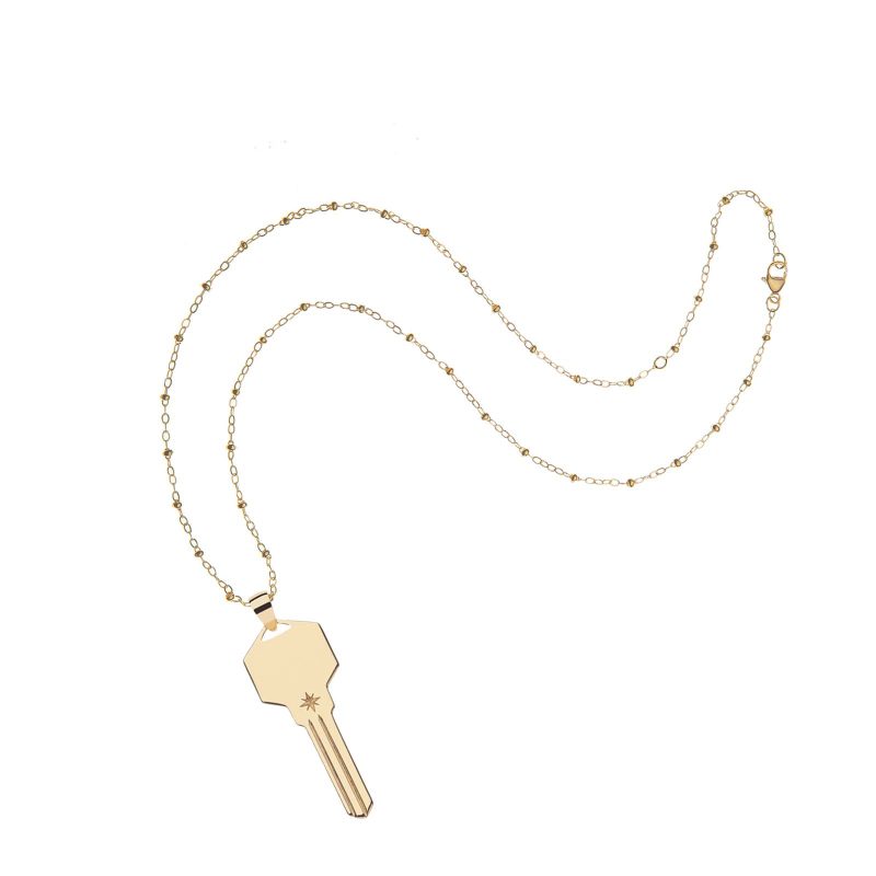 Gold engravable key pendant on satellite chain