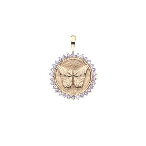 Gold Coin Pendant with Butterfly Illustration and border of Tanzanite stones