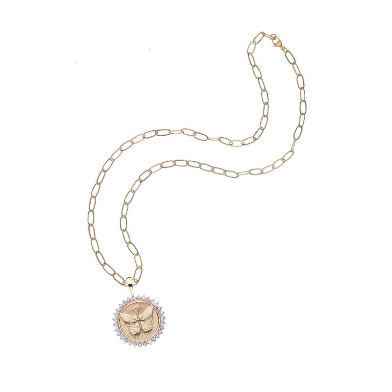 Gold Free petite embellished coin on drawn link chain