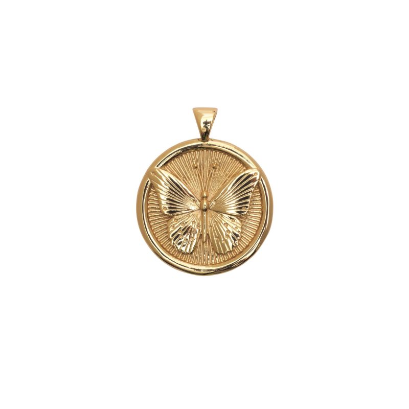 Gold Small Coin Pendant with Butterfly Illustration