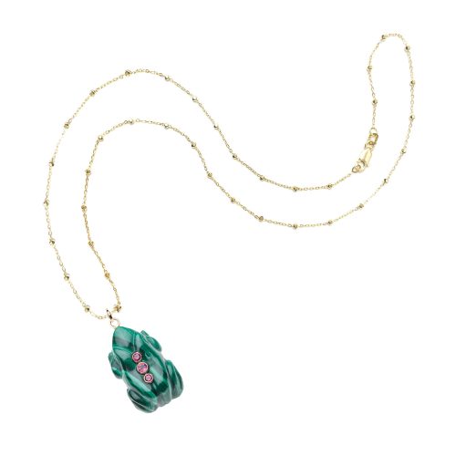 Malachite frog on 14 karat satellite chain