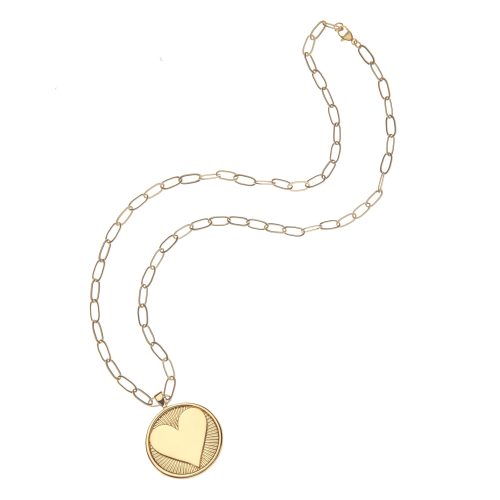 Gold heart coin pendant on drawn link chain