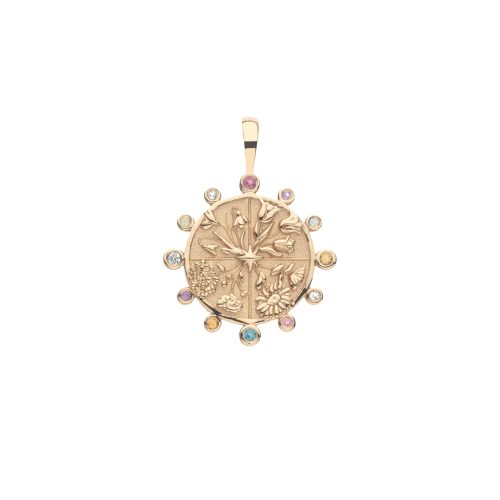 Gold coin pendant with four quadrants of flowers and border of pink tourmaline, white topaz, sky blue topaz, amethyst, peridot, and citrine stones