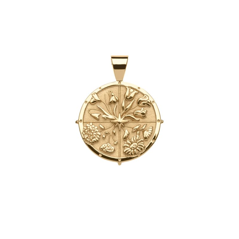 Gold small coin Pendant with floral design in four quadrants