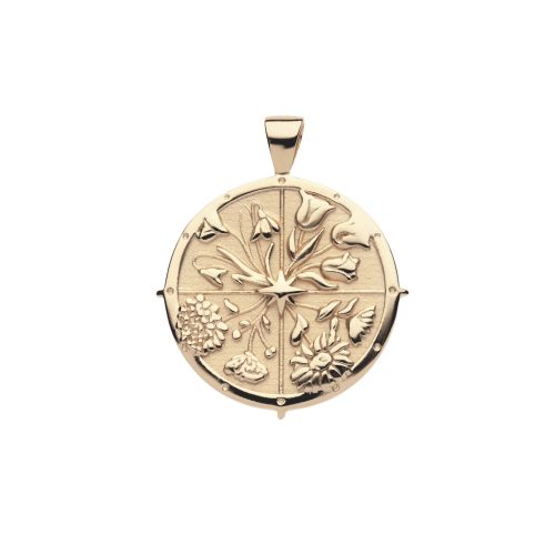 Gold Coin Pendant with floral design in four quadrants