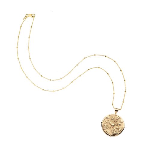 Gold Hope coin pendant on 18 inch 14 karat beaded satellite chain