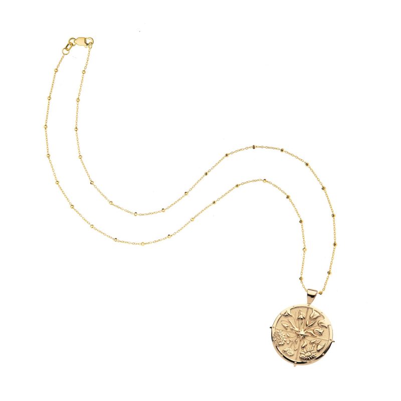 Gold Hope coin pendant on 18 inch 14 karat beaded satellite chain