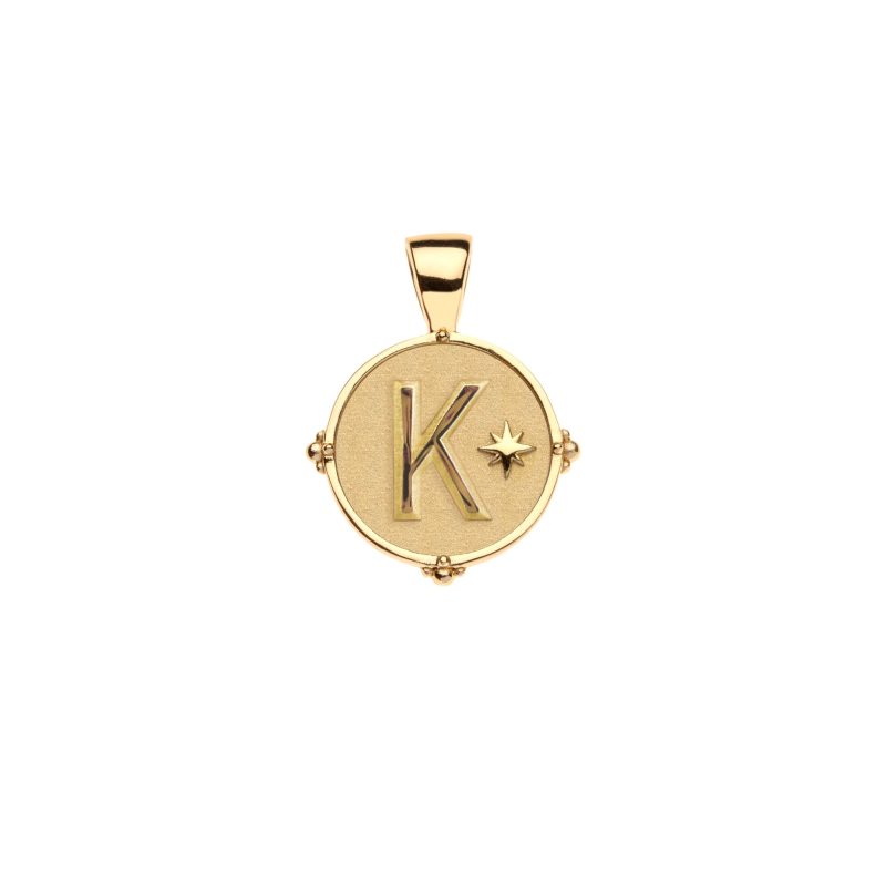 Gold letter K coin pendant with star detail