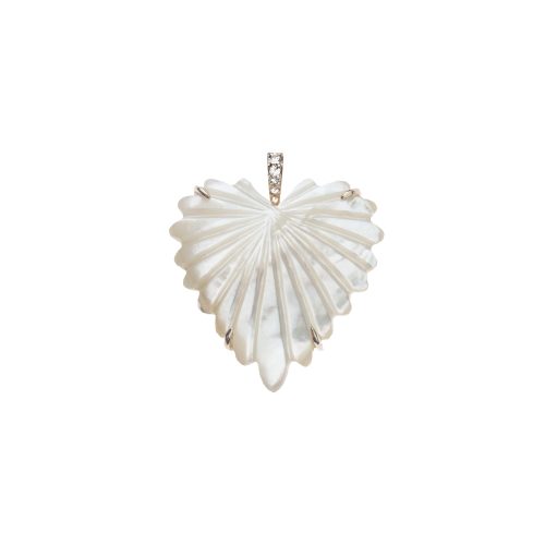 Mother of pearl carved palm heart in gold setting with white topaz detail on bail