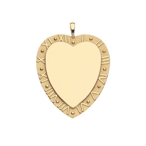 Shiny gold heart-shaped pendant with Roman Numbers and dots around the outer edge.