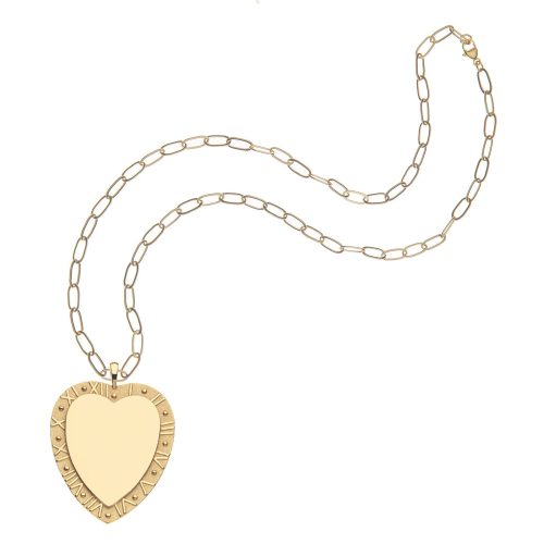 Shiny gold heart-shaped pendant on a open link chain necklace.