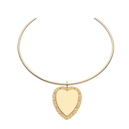 Shiny gold heart-shaped pendant on a gold wire necklace.