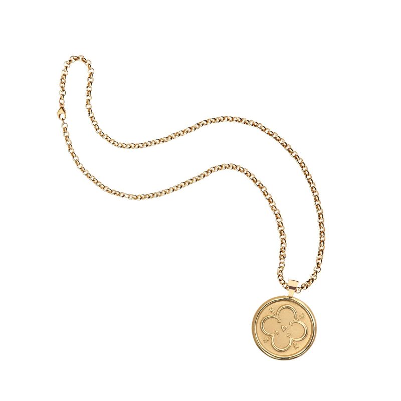 Gold Original Love Coin Pendant on grande rolo chain