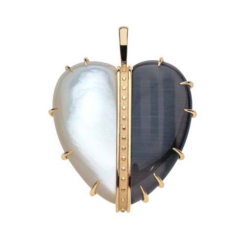 Large split heart pendant with one half mother of pearl  and one half black agate