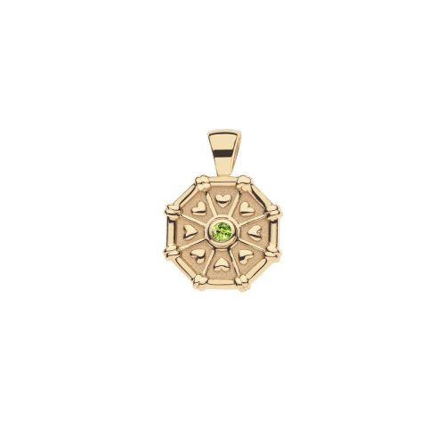 Front of gold birthstone pendant features tiny hearts and a green peridot stone for August