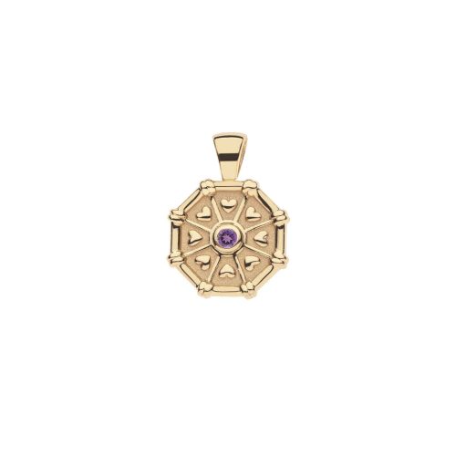 Front of gold birthstone pendant features tiny hearts and an amethyst stone for February