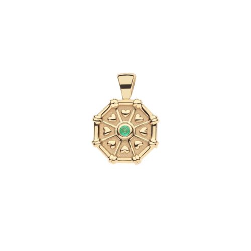 Front of gold birthstone pendant features tiny hearts and an emerald green tourmaline stone for May