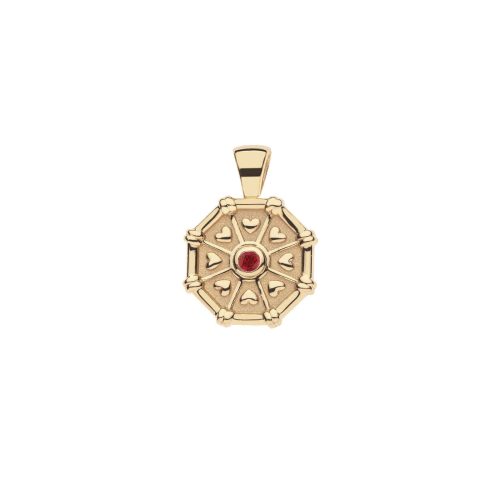 Front of gold birthstone pendant features tiny hearts and a ruby tourmaline stone for April