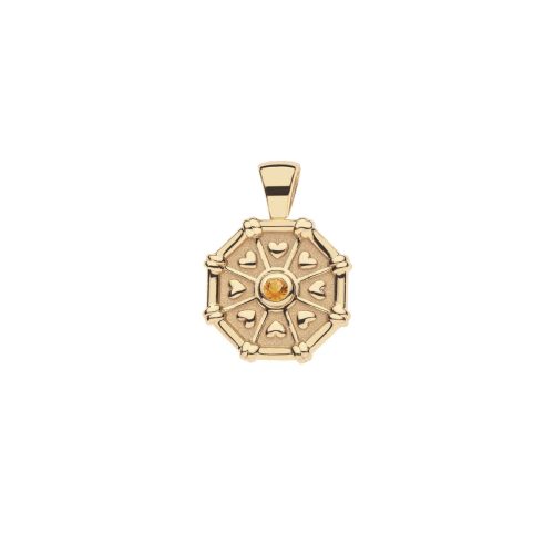 Front of gold birthstone pendant features tiny hearts and a yellow citrine stone for November