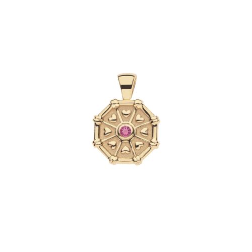 Front of gold birthstone pendant features tiny hearts and a pink tourmaline stone for October