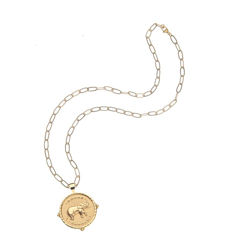 Gold Lucky Bonne Chance Coin on Drawn Link Chain