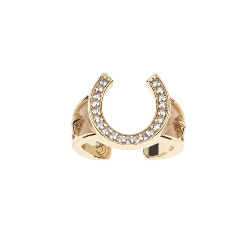 Gold horseshoe ring with white topaz stones