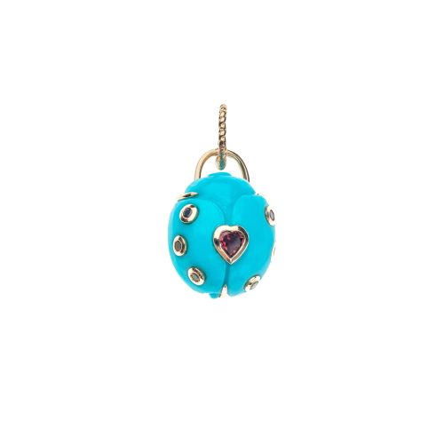 Carved turquoise ladybug with rainbow of stones and pink tourmaline heart in the center, set in gold