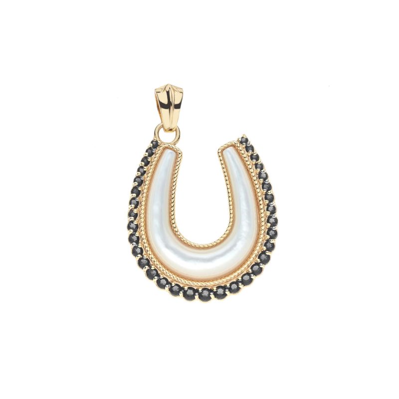 Gold horseshoe pendant with mother of pearl and smoky topaz border