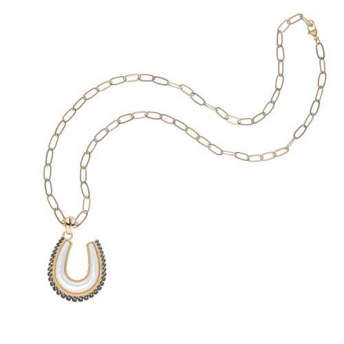 Gold and mother of pearl horseshoe pendant on drawn link chain