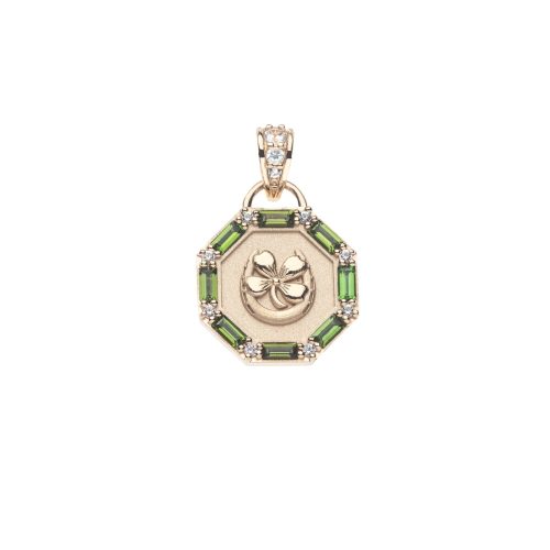 Gold octagon lucky coin with horseshoe and 4 leaf clover illustration and white topaz and green tourmaline border